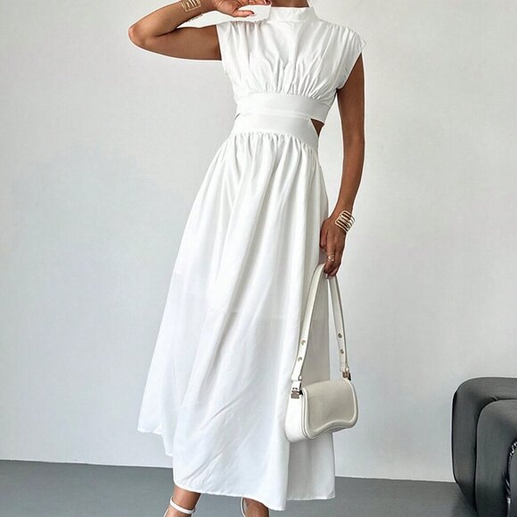 White Elegant Women's Hollow Pocket Cinched Waist Casual Midi Dress - Picture 6 of 7
